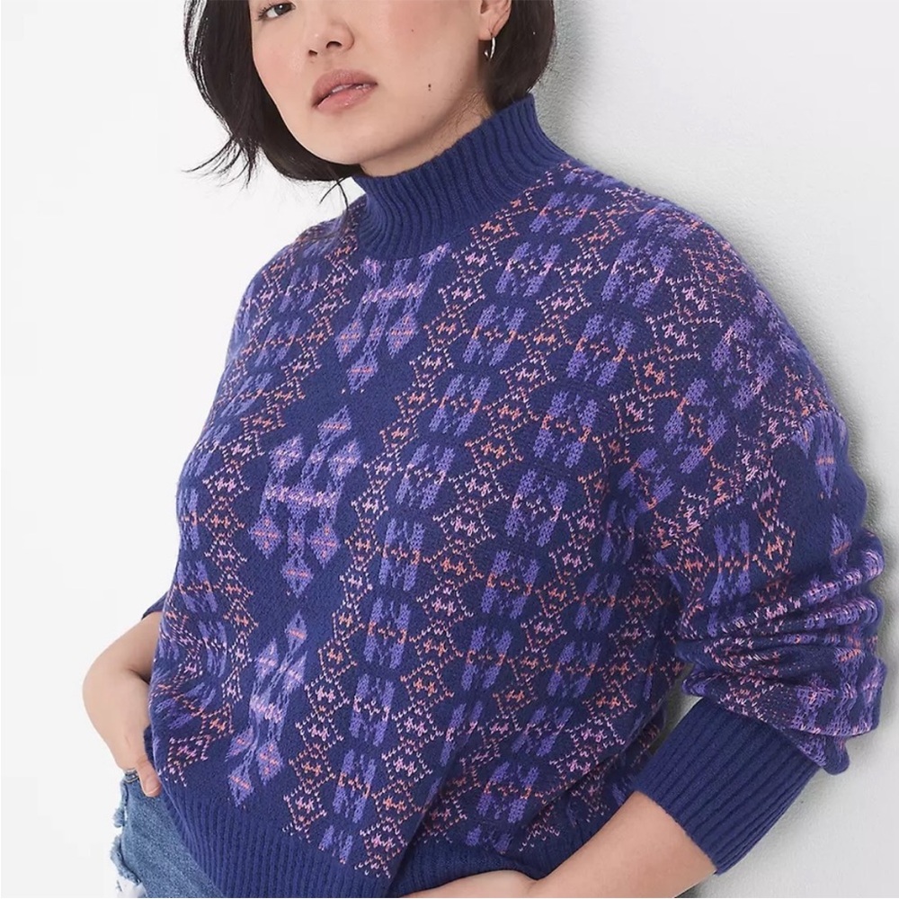 LANE BRYANT UEC Size 14/16 Long-Sleeve Mock-Neck Jacquard Cropped Sweater Blue - Picture 1 of 13